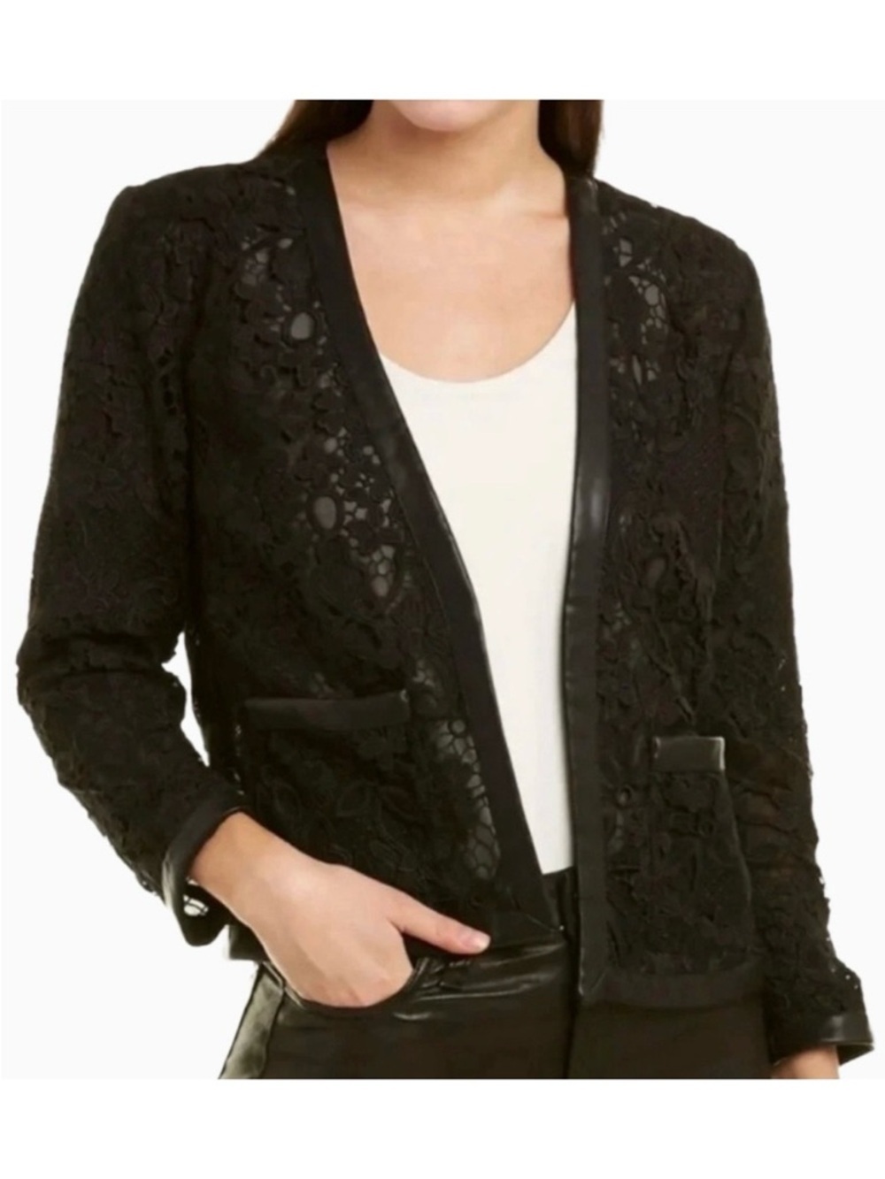 The Kooples Lace Cropped Blazer Faux Leather Trim Black FR36 US 4
